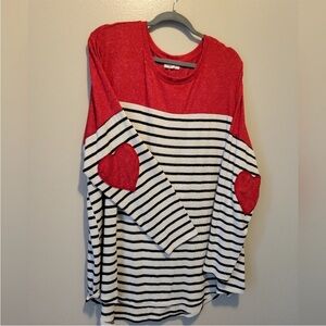 Maurice’s Red and White Striped Sweater with Heart Elbow Patches